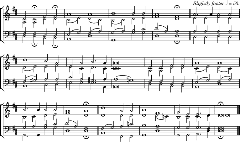 \new ChoirStaff <<
\new Staff { \clef treble \time 4/2 \key d \major \set Staff.midiInstrument = "church organ" \omit Staff.TimeSignature \set Score.tempoHideNote = ##t \override Score.BarNumber #'transparent = ##t \override Staff.NoteHead.style = #'altdefault
\relative c'
<< { d2 d \fermata fis fis \fermata | a1 a | b b2 b | a1 fis \fermata \bar"||"
^\markup \italic "Slightly faster 𝅗𝅥 = 50."
a2. 4 2 2 \break d1 cis2 a | e a b2. a4 | a \breve \bar"||"
d,2 d fis fis | a1 a \break b2. 4 2 2 | a1 a \fermata \bar"||"
d a2 a | b1 fis | | g2 e e2. d4 | d \breve \fermata \bar"|." } \\
{ a2 a d d | cis( e) d( cis) | b( cis) d e | fis1 d | e2 e fis e
d( e) e fis | e cis d2. cis4 | cis \breve | a2 a d d | cis( e) d( cis)
b cis d e | fis1 d | d d2 d | d1 d2( c) | b b cis2. d4 | d \breve } >>
}
\new Staff { \clef bass \key d \major \set Staff.midiInstrument = "church organ" \omit Staff.TimeSignature \override Staff.NoteHead.style = #'altdefault
\relative c
<< { fis2 2 d d | e( g) fis( a) | g( a) b cis | d( a) a1 | 2 2 2 2
fis( gis) a a | cis a gis2. a4 | 1( g!) | fis2 2 d d | e( g) fis( a)
g a b cis | d( a) fis1 | 2( g) a c | b1 a | g2 g g2. fis4 | \breve } \\
{ d2 d \fermata b b \fermata | a1 d | g, g'2 g | d1 d \fermata | cis2 2 d cis
b1 cis2 d | e e e2. a,4 | a \breve | d2 d b b | a1 d
g,2. 4 g'2 g | d1 d \fermata b fis2 2 | g1 d' | g,2 g a2. d4 | \breve \fermata } >>
}
>>
\layout { indent = #0 }
\midi { \tempo 2 = 42 }