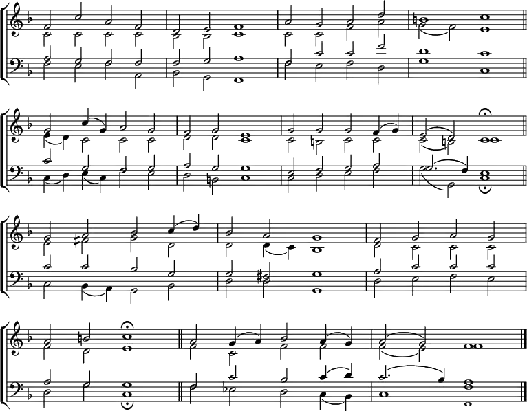 \new ChoirStaff <<
\new Staff { \clef treble \time 4/2 \key f \major \set Staff.midiInstrument = "church organ" \omit Staff.TimeSignature \set Score.tempoHideNote = ##t \override Score.BarNumber #'transparent = ##t
\relative c'
<< { f2 c' a f | d e f1 | a2 g a d | b1 c \bar"||" \break
g2 c4( g) a2 g | f g e1 | g2 g g f4( g) | e2( d) c1 \fermata \bar"||" \break
g'2 a bes c4( d) | bes2 a g1 | f2 g a g | \break
a b c1 \fermata \bar"||" a2 g4( a) bes2 a4( g) | a2( g) f1 \bar"|." } \\
{ c2 c c c | bes bes c1 | c2 c f a | g( f) e1 |
e4( d) c2 c c | d d c1 | c2 b c c | c( b) c1
e2 fis g d | d d4( c) bes1 | d2 c c c |
f d e1 | f2 c f f | f( e) f1 } >>
}
\new Staff { \clef bass \key f \major \set Staff.midiInstrument = "church organ" \omit Staff.TimeSignature \override Staff.NoteHead.style = #'altdefault
\relative c'
<< { a2 g f f | f g a1 | f2 c' c f | d1 c |
c2 g f g | a g g1 | e2 f g a | g2.( f4) e1 |
c'2 c bes g | g fis g1 | a2 c c c |
a g g1 | f2 c' bes c4( d) | c2.( bes4) a1 } \\
{ f2 e f a, | bes g f1 | f'2 e f d | g1 c, |
c4( d) e( c) f2 e | d b c1 | c2 d e f | g( g,) c1 \fermata
c2 bes4( a) g2 bes | d d g,1 | d'2 e f e |
d g c,1 \fermata | f2 es d c4( bes) | c1 f } \\
\tiny \override NoteColumn.force-hshift = #0.1
{ s1 s1 | s1 s1 | s1 s1 | s1 s1 |
s1 s1 | s1 s1 | s1 s1 | s1 s1 |
s1 s1 | s1 s1 | s1 s1 |
s1 s1 | s1 s1 | s1 f,1 } >>
}
>>
\layout { indent = #0 }
\midi { \tempo 2 = 60 }