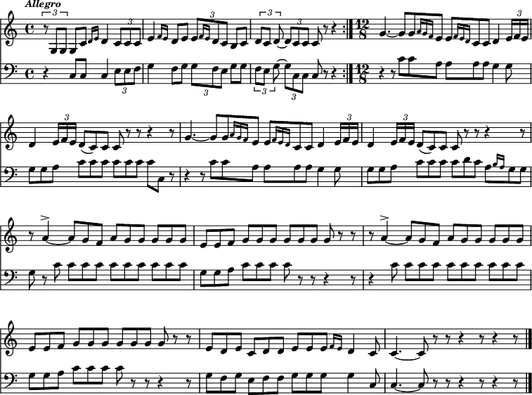 << \override Score.BarNumber #'break-visibility = #'#(#f #f #f) \new Staff { \tempo \markup { \italic \smaller Allegro } \time 4/4 \key c \major \relative g { \repeat volta 2 { \times 2/3 { r8 g g } g \afterGrace c { d16[ e] } d4 \times 2/3 { c8 c c } |
  \afterGrace e4 { f16[ e] } d8 e \times 2/3 { \afterGrace e8[ { f16[ e] } d8 c] } b c |
  \times 2/3 { d8[ c] d ~ } \times 2/3 { d c c } c r8 r4 }
  \time 12/8 \repeat unfold 2 { g'4. ~ g8[ \afterGrace g { a16[ g f] } e8] \afterGrace e[ { f16[ e d] } c8 c] d4 \times 2/3 { e16 f e } |
    d4 \times 2/3 { e16 f e } d8( c) c c r r r4 r8 | }
  \repeat unfold 2 { r8 a'4^> ~ a8 g f a g g g g g |
    e e f g g g g g g g r r | }
  e d e c d d e e \afterGrace e { f16[ e] } d4 c8 |
  c4. ~ c8 r r r4 r8 r4 r8 \bar "|." } }
\new Staff { \clef bass \key c \major \relative c { r4 c8 c c4 \times 2/3 { e8 e f } |
  g4 f8 g \times 2/3 { g f e } g g |
  \times 2/3 { f[ e] g ~ } \times 2/3 { g c, c } c r r4 |
  r4 r8 c' c a a a a g4 g8 |
  g g a c c c c c c c c, r |
  r4 r8 c' c a a a a g4 g8 |
  g g a c c c c d c \afterGrace a[ { b16[ a] } g8 g] |
  g r c c c c c c c c c c |
  g g a c c c c r r r4 r8 |
  r4 c8 c c c c c c c c c |
  g g a c c c c r r r4 r8 |
  g f g e f f g g g g4 c,8 |
  c4. ~ c8 r r r4 r8 r4 r8 } } >>