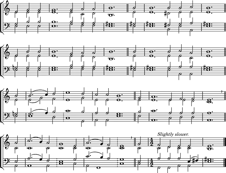 \new ChoirStaff <<
\new Staff { \clef treble \time 6/2 \key c \major \partial 1. \set Staff.midiInstrument = "church organ" \omit Staff.TimeSignature \set Score.tempoHideNote = ##t \override Score.BarNumber #'transparent = ##t
\relative c'
<< { e2 g g | g1. g2 a a | \time 4/2 b1. \bar"||" b2 | \time 6/2 b1. b2 b c | b1. \bar"||" \break
e,2 b' b | b1. g2 a a | \time 4/2 b1. \bar"||" b2 | \time 6/2 b1. b2 c a | \time 4/2 b1. \bar"||" \break
b2 | \time 6/2 b2.( c4) d2 \bar"!" e1 d2 | c c b1. \bar"||" g2 | a1. e2 f f | \time 4/2 e1. \breathe \bar"||" \break
a2 | \time 6/2 c2.( b4) a2 \bar"!" g1 e2 | a2.( g4) f2 \bar"!" e1 \breathe \bar"||" g2 | \undo \omit Staff.TimeSignature \time 4/2 ^\markup \italic "Slightly slower." f d e e | e1. \bar"|." } \\
{ e2 e e | e1. e2 c d | b1. e2 | e1. dis2 e e | e1.
e2 e e | e1. e2 e d | b1. e2 | e1. e2 e c | e1.
e2 | e( g) f e1 g2 | e e e1. e2 | e1. e2 e d | c1.
c2 | c1 c2 c1 c2 | c1 c2 c1 c2 | c d c c | b1. } >>
}
\new Staff { \clef bass \key c \major \set Staff.midiInstrument = "church organ" \omit Staff.TimeSignature \override Staff.NoteHead.style = #'altdefault
\relative c'
<< { g2 b b | b1. b2 a a | gis1. gis!2 | gis1. fis2 gis a | gis1.
g!2 g g | g1. b2 a a | gis1. gis!2 | gis1. gis2 a a | gis1.
g!2 g2.( a4) b2 c1 b2 | a a g1. b2 | c1. a2 a a | a1.
e2 | a2.( g4) f2 e1 g2 | c2.( b4) a2 g1 e2 | \undo \omit Staff.TimeSignature a a a e4( fis) | gis1. } \\
{ e2 e e | e1. g2 f f | e1. e2 | e1. b2 e a, | e'1.
e2 e e | e1. g2 f f | e1. e2 | e1. e2 a, a | e'1.
e2 | e1 d2 c1 g2 | a a e'1. e2 | a,1. c2 d d | a1.
a2 | a1 a2 c1 c2 | a2 f1 c'1 c2 | f, f a a | e'1. } >>
}
>>
\layout { indent = #0 }
\midi { \tempo 2 = 84 }