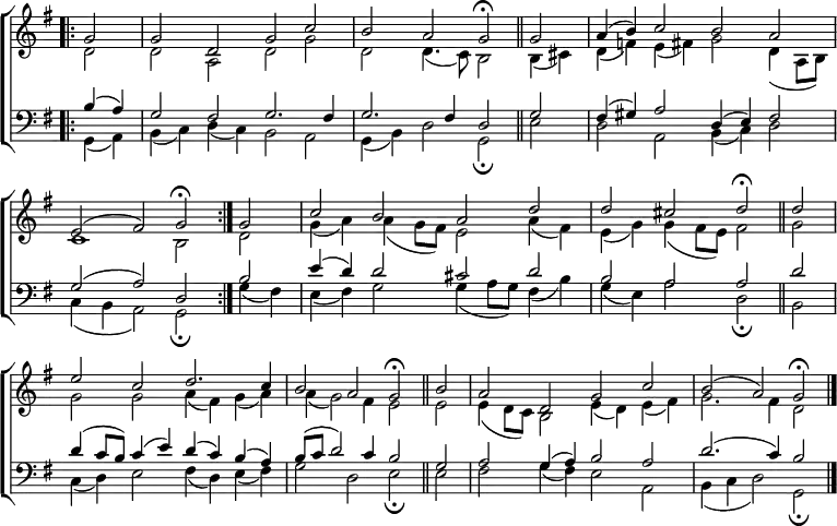 \new ChoirStaff <<
\new Staff { \clef treble \time 4/2 \key g \major \partial 2 \set Staff.midiInstrument = "church organ" \omit Staff.TimeSignature \set Score.tempoHideNote = ##t \override Score.BarNumber #'transparent = ##t
\relative c''
<< { \bar".|:" g2 | g d g c | b a g \fermata \bar"||" g | a4( b) c2 b a \break
e( fis) g \fermata \bar":|." g | c b a d | d cis d \fermata \bar"||" d \break
e c d2. c4 | b2 a g \fermata \bar"||" b | a d, g c | b( a) g \fermata \bar"|." } \\
{ d2 | d a d g | d d4.( c8) b2 b4( cis) | d( f) e( fis) g2 d4( a8 b)
c1 b2 d | g4( a) a( g8 fis) e2 a4( fis) | e( g) g( fis8 e) fis2 g
g g a4( fis) g( a) | a( g2) fis4 e2 e | e4( d8 c) b2 e4( d) e( fis) | g2. fis4 d2 } >>
}
\new Staff { \clef bass \key g \major \set Staff.midiInstrument = "church organ" \omit Staff.TimeSignature
\relative c'
<< { b4( a) | g2 fis g2. fis4 | g2. fis4 d2 g | fis4( gis) a2 d,4( e) fis2
g( a) d, b' | e4( d) d2 cis d | b a a d
d4( c8 b) c4( e) d( c) b( a) | b8( c d2) c4 b2 g | a g4( a) b2 a | d2.( c4) b2 } \\
{ g,4( a) | b( c) d( c) b2 a | g4( b) d2 g, \fermata e' | d a b4( c) d2
c4( b a2) g \fermata g'4( fis) | e( fis) g2 4( a8 g) fis4( b) | g( e) a2 d, \fermata b
c4( d) e2 fis4( d) e( fis) | g2 d e \fermata e | fis g4( fis) e2 a, | b4( c d2) g, \fermata } >>
}
>>
\layout { indent = #0 }
\midi { \tempo 2 = 50 }