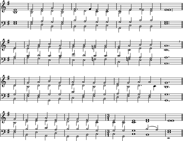 << <<
\new Staff { \clef treble \time 4/2 \partial 1 \key g \major \set Staff.midiInstrument = "church organ" \omit Staff.TimeSignature \set Score.tempoHideNote = ##t \override Score.BarNumber #'transparent = ##t
\relative c'
<< { e1 | e2 fis g e | fis2. fis4 e2 e | d e fis fis | e1. \bar"||" \break
e2 | a b c a | b b a a | g a b b | a1. \breathe \bar"||" \break
d,2 | g a b g | a a g g | fis g a a | g1. \bar"||" \break
g2 | fis g a fis | g g fis e | \undo \omit Staff.TimeSignature \time 3/1 e d e1 fis | e \bar"||" } \\
{ b1 | b2 d d b | d d c c | b e e d | e1.
e2 | e g g e | g g f f | e c e e | c1.
d2 | b d d d | e d b d | d b d2. c4 | b1.
b2 | d e e d | d d d c | c b c1 d | e } >>
}
\new Staff { \clef bass \key g \major \set Staff.midiInstrument = "church organ" \omit Staff.TimeSignature
\relative c'
<< { g1 | g2 a g g | b a g g | g g b b | g1. \bar"||"
b2 | c d c c | e d c c | c a a g | a1. \bar"||"
g2 | g fis g g | c fis, g g | a g g fis | g1. \bar"||"
g2 | b b c a | b b b g | \undo \omit Staff.TimeSignature \time 3/1 g g g1 b2( a) | g1 \bar"||" } \\
{ e1 | e2 d b e | b b c c | g c b b | e1.
g2 | a g e a | e e f f | c f e e | a,1.
b2 | e d g, b | c d e b | d e d d | g,1.
e'2 | b e a, d | g, g b c | c g c1 b |
<<
\new Voice = "alternative" {
\voiceOne {
e
}
}
{
\voiceTwo \magnifyMusic 0.63 {
e,
}
\oneVoice
} >>
} >>}
>> >>
\layout { indent = #0 }
\midi { \tempo 2 = 69 }