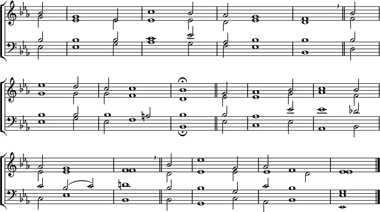 \new ChoirStaff <<
\new Staff { \clef treble \time 3/2 \key es \major \partial 2 \set Staff.midiInstrument = "church organ" \omit Staff.TimeSignature \set Score.tempoHideNote = ##t \override Score.BarNumber #'transparent = ##t
\relative c''
<< { bes2 | g1 es2 | c'1 bes2 | aes g1 | f \breathe \bar"||" bes2 \break
es1 d2 | c c1 | bes \fermata \bar"||" g2 | aes1 bes2 | c1 bes2 \break
aes g1 | f \breathe \bar"||" bes2 | es1 g,2 | aes f1 | es1 \bar"|." } \\
{ g2 | es1 es2 | es1 es2 | d es1 | d f2 |
g1 g2 | g f1 | d1 es2 | es1 g2 | aes1 f2 |
es es1 | f d2| es1 es2 | es1 d2 | es1 } >>
}
\new Staff { \clef bass \key es \major \set Staff.midiInstrument = "church organ" \omit Staff.TimeSignature \override Staff.NoteHead.style = #'altdefault
\relative c'
<< { bes2 | bes1 bes2 | c1 es2 | aes, bes1 | bes bes2 |
bes1 bes2 | bes1 a2 | bes1 bes2 | aes1 es'2 | es1 des2 |
c bes( c) | d!1 bes2 | bes1 g2 | c bes1 | g1 } \\
{ es2 | es1 g2 | aes1 g2 | f es1 | bes d2 |
es1 g2 | es f1 | bes, \fermata es2 | c1 es2 | aes,1 bes2 |
c es1 | bes bes2 | g1 c2 | aes bes1 | es1 } \\
\tiny \override NoteColumn.force-hshift = #0.1 { s2 | s1. | s1. | s1. | s1. |
s1. | s1. | s1. | s1. | s1. |
s1. | s1. | s1. | s1. | es,1 } >>
}
>>
\layout { indent = #0 }
\midi { \tempo 2 = 63 }