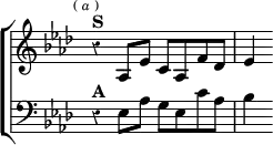 \new ChoirStaff << \override Score.Rest #'style = #'classical \override Score.TimeSignature #'stencil = ##f
\new Staff \relative a { \key aes \major \time 4/4 \mark \markup \tiny { ( \italic a ) }
r4^\markup \bold "S" aes8 ees' c aes f' des | ees4 }
\new Staff \relative e { \clef bass \key aes \major
r4^\markup \bold "A" ees8 aes g ees c' aes | bes4 } >>