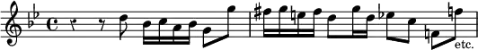 { \time 4/4 \key g \minor \override Score.Rest #'style = #'classical \relative d'' { r4 r8 d bes16 c a bes g8 g' | fis16 g e fis d8 g16 d ees8[ c] f,![ f']_\markup { \smaller etc. } } }