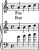 \relative c'' {
<<
\new Voice = "anthem" {
a b c d
}
\new Lyrics \lyricsto "anthem" {
Foo
}
\new Lyrics \lyricsto "anthem" {
Bar
}
\new PianoStaff <<
\new Staff {
a b c d
}
\new Staff {
\clef "bass"
a b c d
}
>>
>>
}