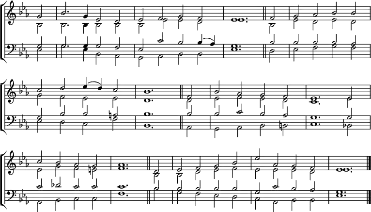 
\new ChoirStaff <<
  \new Staff { \clef treble \time 4/2 \key es \major \partial 2 \set Staff.midiInstrument = "church organ" \omit Staff.TimeSignature \set Score.tempoHideNote = ##t \override Score.BarNumber  #'transparent = ##t 
  \relative c''
  << { g2 | bes2. g4 es2 d | es f g f | es1. \bar"||" f2 | g aes bes bes \break
       c d es4( d) c2 | bes1. \bar"||" f2 | bes aes g f | es1. 2 \break
       c' bes aes g | aes1. \bar"||" d,2 | es f g bes | es aes, g f | es1. \bar"|." } \\
  { bes2 | 2. 4 2 2 | 2 es es d | es1. bes2 | es d es d
    g f es es | d1. 2 | es f es d | c1. es2
    es g f e | f1. bes,2 | 2 d es f | es es es d | es1. } >>
  }
\new Staff { \clef bass \key es \major \set Staff.midiInstrument = "church organ" \omit Staff.TimeSignature
  \relative c'
  << { g2 | 2. 4 2 f | es c' bes bes4( aes) | g1. bes2 | 2 2 2 aes
       g bes bes a | bes1. 2 | 2 c bes aes | g1. 2
       c des c c | c1. bes2 | 2 2 2 2 | g c bes aes | g1. } \\
  { es2 | g2. es4 bes2 aes | g aes bes bes | es1. d2 | es f g f
    es d c f | bes,1. aes2 | g aes bes b | c1. bes!2
    aes bes c c | f1. bes2 | g f es d | c aes bes bes | es1. } >>
  } 
>>
\layout { indent = #0 }
\midi { \tempo 2 = 56 }
