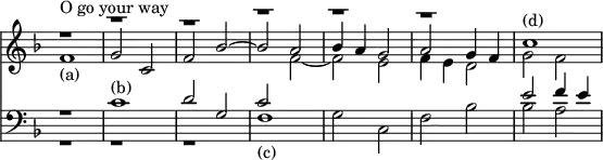{ \override Score.TimeSignature #'stencil = ##f \time 2/2 << \key f \major \relative f' { << { r1^"O go your way" | r | r | r | r | r | c'^"(d)" | } \\
{ s1 | s | s | s2 f, ~ | f e | f4 e d2 | g f | } \\
{ f1_"(a)" | g2 c, | f bes ~ | bes a | bes4 a g2 | a2 g4 f | } >> }
\new Staff { \clef bass \key f \major \relative c' << { r1 | c^"(b)" | d2 g, | c s | s1 | s | e2 f4 e | } \\ { r1 | r1 | r1 | f,_"(c)" | g2 c, | f bes | bes a | } >> } >> }