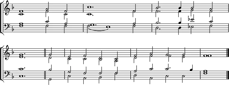 \new ChoirStaff <<
\new Staff { \clef treble \time 4/2 \key f \major \set Staff.midiInstrument = "church organ" \omit Staff.TimeSignature \set Score.tempoHideNote = ##t \override Score.BarNumber #'transparent = ##t
\relative c'
<< { f1 a2 f | c'1. f,2 | bes2. bes4 bes2 a | \break
g1. \bar"||" g2 | e f d c | f a g g | f1 \bar"|." } \\
{ c1 f2 c | c1. f2 | f2. f4 g2 f |
e1. d2 | c c bes a | d f f e | f1 } >>
}
\new Staff { \clef bass \key f \major \set Staff.midiInstrument = "church organ" \omit Staff.TimeSignature \override Staff.NoteHead.style = #'altdefault
\relative c'
<< { a1 c2 a | g1. a2 | bes2. bes4 es2 c |
c1. bes2 | g f f f | a c c2. bes4 | a1 } \\
{ f1 f2 f | f( e1) f2 | d2. d4 es2 f |
c1. g2 | c a bes f' | d a c c | f1 } >>
}
>>
\layout { indent = #0 }
\midi { \tempo 2 = 60 }