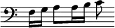 { \override Score.TimeSignature #'stencil = ##f \clef bass f16[ g] a8[ a16 b] c'8 }