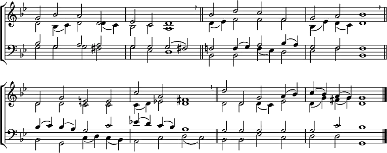 \new ChoirStaff <<
\new Staff { \clef treble \time 4/2 \key g \minor \set Staff.midiInstrument = "church organ" \omit Staff.TimeSignature \set Score.tempoHideNote = ##t \override Score.BarNumber #'transparent = ##t
\relative c''
<< { g2 bes a d, | es c d1 \breathe \bar"||" bes'2 d c f, | g a bes1 \breathe \bar"||" \break
d,2 g e e | c' a fis1 \breathe \bar"||" d'2 d, g a4( bes) | c( bes) a( g) g1 \bar"|." } \\
{ d2 bes4( c) d2 d4( c) | bes2 c a1 | d4( es) f2 f f | bes,4( es) d( c) d1 |
d2 d c c | c4( d) es!2 d1 | d2 d d4( c) es2 | d4( g) fis( g) d1 } >>
}
\new Staff { \clef bass \key g \minor \set Staff.midiInstrument = "church organ" \omit Staff.TimeSignature \override Staff.NoteHead.style = #'altdefault
\relative c'
<< { bes2 g a a | g g g( fis) | f! f4( g) a2 bes4( a) | g2 f f1 |
bes4( c) bes( a) g2 c | es!4( d) c( bes) a1 | g2 g g g | g c bes1 } \\
{ g2 g g fis | g es d1 | bes2 bes f'4( es) d2 | es f bes,1 |
bes2 g c4( d) c( bes) | a2 c d( c) | bes bes es c | d d g,1 } >>
}
>>
\layout { indent = #0 }
\midi { \tempo 2 = 63 }