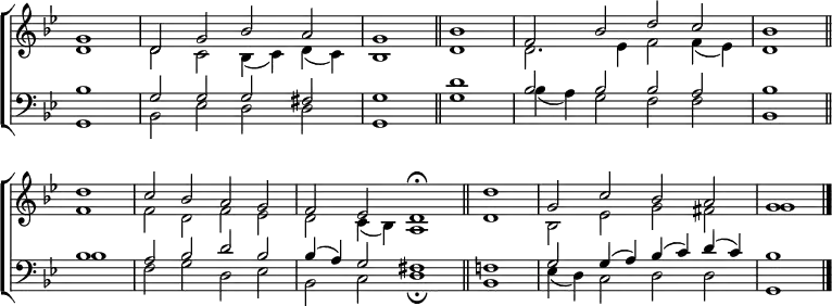 \new ChoirStaff <<
\new Staff { \clef treble \time 4/2 \key g \minor \partial 1 \set Staff.midiInstrument = "church organ" \omit Staff.TimeSignature \set Score.tempoHideNote = ##t \override Score.BarNumber #'transparent = ##t
\relative c''
<< { g1 | d2 g bes a | g1 \bar"||" bes | f2 bes d c | bes1 \bar"||" \break
d | c2 bes a g | f es d1 \fermata \bar"||" \time 2/2 d'1 | \time 4/2 g,2 c bes a | g1 \bar"|." } \\
{ d1 | d2 c bes4( c) d( c) | bes1 d | d2. es4 f2 f4( es) | d1
f | f2 d f es | d c4( bes) a1 | d | bes2 es g fis | g1 } >>
}
\new Staff { \clef bass \key g \minor \set Staff.midiInstrument = "church organ" \omit Staff.TimeSignature
\relative c'
<< { bes1 | g2 g g fis | g1 d' | bes2 bes bes a | bes1
bes | a2 bes d bes | bes4( a) g2 fis1 | f! | g2 g4( a) bes( c) d( c) | bes1 } \\
{ g,1 | bes2 es d d | g,1 g' | bes4( a) g2 f f | bes,1
bes' | f2 g d es | bes c d1 \fermata | bes | es4( d) c2 d d | g,1 } >>
}
>>
\layout { indent = #0 }
\midi { \tempo 2 = 66 }