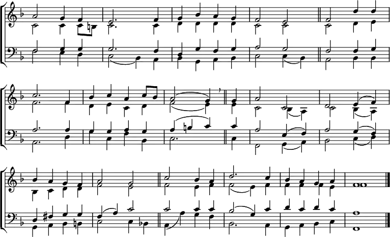 
\new ChoirStaff <<
  \new Staff { \clef treble \time 2/2 \key f \major \set Staff.midiInstrument = "church organ" \omit Staff.TimeSignature \set Score.tempoHideNote = ##t \override Score.BarNumber  #'transparent = ##t 
  \relative c''
  << { a2 g4 f | e2. f4 | g bes a g | f2 e \bar"||" f d'4 d \break
       c2. f,4 | bes c a c8 bes | a2( g4) \breathe \bar"||" g | a2 c, | d e4( f) \break
       bes a g f | a2 g \bar"||" c bes4 a | d2. c4 | bes a g a | f1 \bar"|." } \\
  { c2 4 8 b | c2. 4 | d d d d | c2 c | c d4 e
    f2. 4 | d e c d | f2( e4) e | c2 bes4( a) | c2 bes4( a)
    bes c d d | f2 e | f e4 f | f2( e4) f | f f f e | f1 } >>
  }
\new Staff { \clef bass \key f \major \set Staff.midiInstrument = "church organ" \omit Staff.TimeSignature 
  \relative c
  << { f2 g4 g | g2. f4 | d g f g | a2 g | f2 4 g 
       a2. 4 | g g a g | a( b c) c | a2 e4( f) | a2 g4( f)
       d fis g g | f( a) c2 | c c4 c | bes2( g4) c | d c d c | a1  } \\
  { f2 e4 d | c2( bes4) a | bes g a bes | c2 4( bes) | a2 bes4 4
    a2. d4 | g c, f bes, | c2. 4 | f,2 g4( a) | bes2 c4( d)
    g, a bes b | c2 4 bes! | a( a') g f | bes,2. a4 | g a bes c | f,1 } >>
  } 
>>
\layout { indent = #0 }
\midi { \tempo 4 = 96 }
