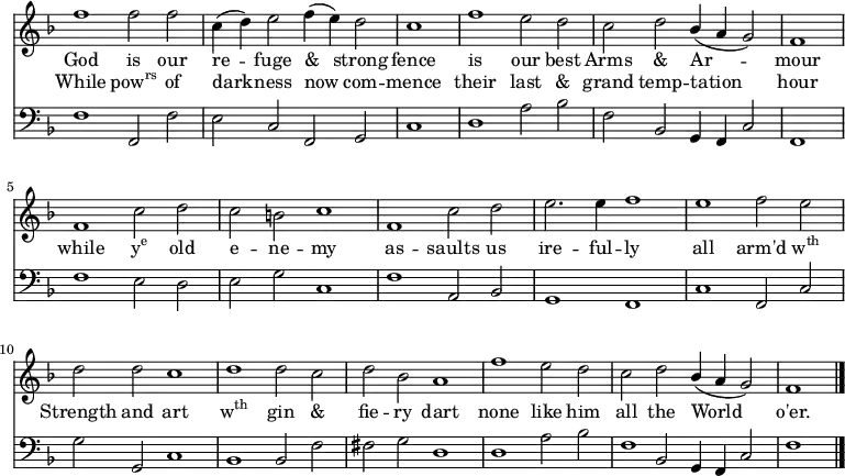 << \new Staff \relative d'' { \time 4/2 \key f \major \autoBeamOff \omit Staff.TimeSignature \override Staff.Rest.style = #'classical \override Stem.neutral-direction = #down
f1 f2 f | c4 (d) e2 f4 (e) d2 | \cadenzaOn c1 \cadenzaOff \bar "|" f1 e2 d | c d \stemUp bes4 (a g2) \stemNeutral | \cadenzaOn f1 \cadenzaOff \bar "|"
f1 c'2 d | c b c1 | f,1 c'2 d e2. e4 f1 | e1 f2 e |
d d c1 | d1 d2 c | d bes a1 | f' e2 d | c d \stemUp bes4 (a g2) \stemNeutral | \cadenzaOn f1 \bar "|." }
\addlyrics { God is our re -- fuge & strong fence is our best Arms & Ar -- mour }
\addlyrics { While \markup{\concat{pow\super{rs}}} of dark -- ness now com -- mence their last & grand temp -- tation hour while \markup{\concat{y\super{e}}} old e -- ne -- my as -- saults us ire -- ful -- ly all arm'd \markup{\concat{w\super{th}}} Strength and art \markup{\concat{w\super{th}}} gin & fie -- ry dart none like him all the World o'er. }
\new Staff \relative d { \clef bass \key f \major \autoBeamOff \omit Staff.TimeSignature \override Staff.Rest.style = #'classical
f1 f,2 f' | e c f, g | \cadenzaOn c1 \cadenzaOff \bar "|" d a'2 bes | f bes, g4 f c'2 | \cadenzaOn f,1 \cadenzaOff \bar "|"
f' e2 d | e g c,1 | f a,2 bes | g1 f | c' f,2 c' |
g' g, c1 | bes bes2 f' | fis g d1 | d a'2 bes |
<< { \voiceOne f1 } \new Voice { \voiceTwo s2 \stemUp bes,2 } >> \oneVoice g4 f c'2 | f1 \bar "|." } >>