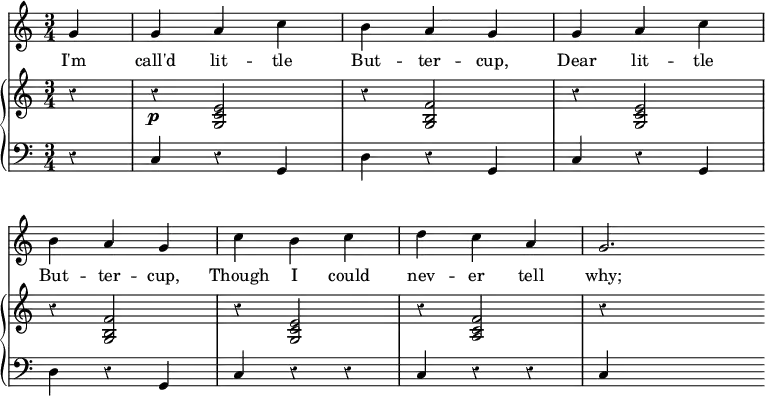 << \override Score.Rest #'style = #'classical
\override Score.BarNumber #'stencil = ##f
\new Staff { \time 3/4 \partial 4 \relative g' {
g4 | g a c | b a g | g a c | \break
b a g | c b c | d c a | g2. \bar "" } }
\addlyrics { I'm call'd lit -- tle But -- ter -- cup, Dear lit -- tle But -- ter -- cup, Though I could nev -- er tell why; }
\new GrandStaff <<
\new Staff { \relative e' {
r4 | r\p <e c g>2 | r4 <f b, g>2 | r4 <e c g>2 |
r4 <f b, g>2 | r4 <e c g>2 | r4 <f c a>2 | r4 s2 } }
\new Staff { \clef bass
r4 | c r g, | d r g, | c r g, |
d r g, | c r r | c r r | c s2 } >> >>