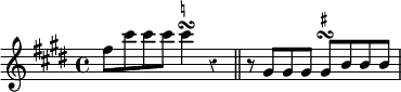 { \relative f'' { \key cis \minor \time 4/4 \override Score.Rest #'style = #'classical
fis8 cis' cis cis cis4\turn^\markup \teeny \natural r \bar "||"
r8 gis, gis gis gis\turn^\markup \teeny \sharp b b b } }