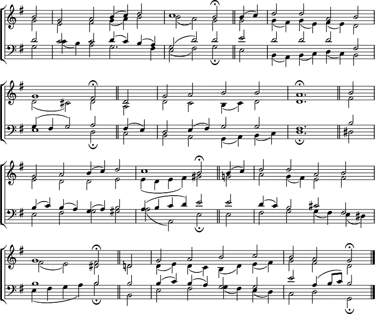 \new ChoirStaff <<
\new Staff { \clef treble \time 4/2 \key g \major \partial 2 \set Staff.midiInstrument = "church organ" \omit Staff.TimeSignature \set Score.tempoHideNote = ##t \override Score.BarNumber #'transparent = ##t
\relative c''
<< { b2 | g a b4( c) d2 | c1 b2 \fermata \bar"||" b4( c) | d2 d a b | \break
g1 fis2 \fermata \bar"||" d | g a b b | a1. \fermata \bar"||" b2 | \break
g a b4( c) d2 | c1 b2 \fermata \bar"||" b4( c) | d2 d a b | \break
g1 fis2 \fermata \bar"||" d! | g a b c | b a g \fermata \bar"|." } \\
{ g2 | e fis g4( a) b2 | b( a) g g | g4( fis) g( e) fis( e) d2 |
d( cis) d a | d c b4( c) d2 | d1. fis2 |
e d d e | e4( d e fis) gis2 g | a g4( fis) e2 fis |
fis( e) dis d | d4( e) d( c) b( d) e( fis) | g2 fis d } >>
}
\new Staff { \clef bass \key g \major \set Staff.midiInstrument = "church organ" \omit Staff.TimeSignature \override Staff.NoteHead.style = #'altdefault
\relative c'
<< { d2 | c c d4( c) b( a) | g2( d') d e | d d d fis, |
g4( fis g2) a fis4( e) | d2 e4( fis) g2 g | fis1. b2 |
b4( c) b( a) g( a) b2 | a4( b c d) e2 e | d4( c) b2 cis fis, |
b1 b2 b | b4( c) b( a) g2 g | e' a,4( b8 c) b2 } \\
{ g2 | c4( b) a2 g2. fis4 | e2( fis) g \fermata e | b4( a) b( c) d( c) b2 |
e1 d2 \fermata c | b a g4( a) b( c) | d1. \fermata dis2 |
e fis g gis | a( a,) e' \fermata e | fis g g4( fis) e( dis) |
e( fis g a) b2 \fermata b, | e fis g4( fis) e( d) | c2 d g, \fermata} >>
}
>>
\layout { indent = #0 }
\midi { \tempo 2 = 42 }