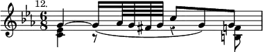 { \relative g' { \key ees \major \time 6/8 \mark \markup \small "12." \override Score.Rest #'style = #'classical
<< { g4 ^~ g16_( aes64 g fis g c8 g) g } \\
{ <ees c>4 r8 r4 <f b,>8 } >> } }