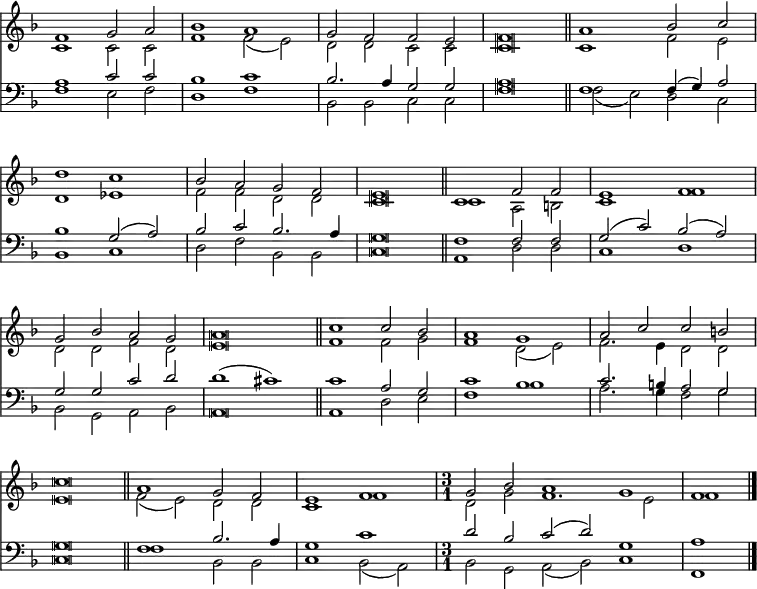 
<< <<
\new Staff { \clef treble \time 4/2 \key f \major \set Staff.midiInstrument = "church organ" \omit Staff.TimeSignature \set Score.tempoHideNote = ##t \override Score.BarNumber  #'transparent = ##t \override Staff.NoteHead.style = #'altdefault
  \relative c'
  << { f1 g2 a | bes1 a | g2 f f e | f \breve \bar"||" a1 bes2 c | \break
       d1 c | bes2 a g f | e \breve \bar"||" c1 f2 f | e1 f | \break
       g2 bes a g | a \breve \bar"||" c1 c2 bes | a1 g | a2 c c b | \break
       c \breve \bar"||" a1 g2 f | e1 f | 
       \undo \omit Staff.TimeSignature \time 3/1 g2 bes a1 g | f \bar"|." } \\
  { c1 c2 c | f1 f2( e) | d d c c | c \breve | c1 f2 e |
    d1 es | f2 f d d | c \breve | c1 a2 b | c1 f |
    d2 d f d | e \breve | f1 f2 g | f1 d2( e) | f2. e4 d2 d |
    e \breve | f2( e) d d | c1 f | d2 g f1. e2 | f1 } >>
}
\new Staff { \clef bass \key f \major \set Staff.midiInstrument = "church organ" \omit Staff.TimeSignature \override Staff.NoteHead.style = #'altdefault
  \relative c'
  << { a1 c2 c | bes1 c | bes2. a4 g2 g | a \breve | f1 f4( g) a2 |
       bes1 g2( a) | bes c bes2. a4 | g \breve | f1 f2 f | g( c) bes( a) |
       g g c d | d1( cis) | c a2 g | c1 bes | c2. b4 a2 g |
       g \breve | f1 bes2. a4 | g1 c |
       \undo \omit Staff.TimeSignature d2 bes c( d) g,1 | a } \\
  { f1 e2 f | d1 f | bes,2 bes c c | f \breve | f2( e) d c |
    bes1 c | d2 f bes, bes | c \breve | a1 d2 d | c1 d |
    bes2 g a bes | a \breve | a1 d2 e | f1 bes | a2. g4 f2 g |
    c, \breve | f1 bes,2 bes | c1 bes2( a) | bes g a( bes) c1 | f, } >>
}
>> >>
\layout { indent = #0 }
\midi { \tempo 2 = 66 }
