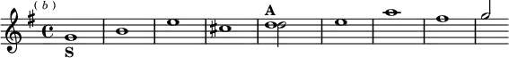 \relative d'' { \key g \major \time 4/4 \mark \markup \tiny { ( \italic b ) } << { s1 s s s d^\markup { \bold A } e a fis g2 } \\ { g,1_\markup { \bold S } b e cis d2 } >> }
