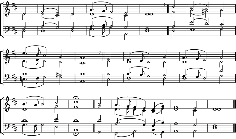 \new ChoirStaff <<
\new Staff { \clef treble \time 3/2 \key d \major \partial 2 \set Staff.midiInstrument = "church organ" \omit Staff.TimeSignature \set Score.tempoHideNote = ##t \override Score.BarNumber #'transparent = ##t
\relative c'
<< { d2 | fis( e) d | a'4.( g8 fis2) e | d1 \breathe \bar"||"
d'2 | cis( b) a \break e'4.( d8 cis2) b | a1 \breathe \bar"||"
g2 | fis4.( e8 d2) b' | a4.( g8 fis2) a \break
b4.( a8 b2) cis | d1 \fermata \bar"||"
b2 | a4.( g8 fis4 e) d( g) | fis1 e2 | d1 \bar"|." } \\
{ d2 | d( cis) d | d1 cis2 | d1 fis2 | a( gis) a
e4.( fis8 e2) d | cis1 e2 | d1 2 | 1 2
d1 g2 | fis1 g2 | d4.( e8 d4 cis) b( e) | d1 cis2 | d1 } >>
}
\new Staff { \clef bass \key d \major \set Staff.midiInstrument = "church organ" \omit Staff.TimeSignature
\relative c
<< { fis2 | a( g) fis | a4.( b8 a2) g | fis1 a2 | e'( d) cis
a1 gis2 | a1 2 | 4.( g8 fis2) g | fis4.( e8 d2) d'
d1 e2 | d1 2 | a2.( g4) fis( b) | a1 g2 | fis1 } \\
{ d2 | 1 2 | fis4.( g8 a2) a, | d1 2 | e1 fis2
c4.( d8 e2) e | a,1 cis2 | d1 2 | 1 fis2
g4.( fis8 g2) e | b1 \fermata g2 | fis( a) b4( g) | a1 2 | d1 } >>
}
>>
\layout { indent = #0 }
\midi { \tempo 2 = 69 }