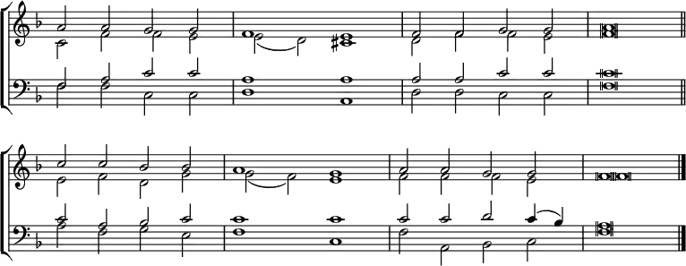 \new ChoirStaff <<
\new Staff { \clef treble \time 4/2 \key f \major \set Staff.midiInstrument = "church organ" \omit Staff.TimeSignature \set Score.tempoHideNote = ##t \override Score.BarNumber #'transparent = ##t \override Staff.NoteHead.style = #'altdefault
\relative c''
<< { a2 a g g | f1 e | f2 f g g | a \breve \bar"||" \break
c2 c bes bes | a1 g | a2 a g g | f \breve \bar"|." } \\
{ c2 f f e | e( d) cis1 | d2 f f e | f \breve
e2 f d g | g( f) e1 | f2 f f e | f \breve } >>
}
\new Staff { \clef bass \key f \major \set Staff.midiInstrument = "church organ" \omit Staff.TimeSignature \override Staff.NoteHead.style = #'altdefault
\relative c
<< { f2 a c c | a1 a | a2 a c c | c \breve
c2 a bes c | c1 c | c2 c d c4( bes) | a \breve } \\
{ f2 f c c | d1 a | d2 d c c | f \breve
a2 f g e | f1 c | f2 a, bes c | f \breve } >>
}
>>
\layout { indent = #0 }
\midi { \tempo 2 = 63 }