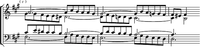 \new ChoirStaff << \override Score.TimeSignature #'stencil = ##f
\new Staff \relative a' { \key fis \minor \time 6/4 \mark \markup \tiny { (\italic"c") } <<
{ a2. ^~ a8 cis b a a gis |
gis2. ^~ gis8 b a g g fis | fis eis fis4 } \\
{ gis8 gis fis e e dis dis2. _~ |
dis8 fis e d d cis cis2. _~ | cis4 b2 } >> }
\new Staff \relative c' { \clef bass \key fis \minor <<
{ cis8 e dis cis cis b b2. ^~ |
b8 d cis b b a a2. ^~ | a4. } \\
{ fis2. _~ fis8 a gis fis fis e |
e2. _~ e8 gis fis e e d | d2. } >> } >>