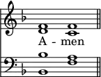 << <<
\new Staff { \clef treble \time 4/2 \key f \major \set Staff.midiInstrument = "church organ" \omit Staff.TimeSignature
\relative c' { << { f1 f \bar"||" } \\ { d c } >> }
}
\new Lyrics \lyricmode { A -- men }
\new Staff { \clef bass \key f \major \set Staff.midiInstrument = "church organ" \omit Staff.TimeSignature
\relative c' { << { bes1 a } \\ { bes,1 f' } >> }
}
>> >>
\layout { indent = #0 }
\midi { \tempo 2 = 72 }