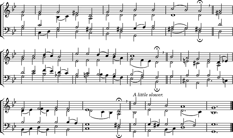 \new ChoirStaff <<
\new Staff { \clef treble \time 4/2 \key g \minor \partial 2 \set Staff.midiInstrument = "church organ" \omit Staff.TimeSignature \set Score.tempoHideNote = ##t \override Score.BarNumber #'transparent = ##t
\relative c''
<< { g2 | g g fis d | g a bes bes | c( bes) a \fermata \breathe \bar"||" a \break
bes c d4( c) bes2 | es es d4( c) d2 | c1 bes2 \fermata \breathe \bar"||" bes a g f d4( es) \break
f2 f g f | es1 d2 \fermata \breathe \bar"||" d'2^\markup \italic "A little slower." | c2 bes a1 | g1. \bar"|." } \\
{ d2 | es bes4( c) d2 a | d d d d | d1 d2 fis |
g a bes f | es f f bes4( a) | g2( f4 es) d2 d | e cis d a |
d4( es) f( d) es2 d | d( c4 bes) a2 bes | es d d2.( c4) | bes1. } >>
}
\new Staff { \clef bass \key g \minor \set Staff.midiInstrument = "church organ" \omit Staff.TimeSignature
\relative c'
<< { bes2 | c g a fis | g fis g4( a) bes2 | a( g) fis! d' |
d es f4( es) d( c) | bes2 c bes bes | bes( a) f g | a a a f |
bes bes bes bes4( a) | g1 fis2 g | g4( fis) g2 g( fis) | g1. } \\
{ g2 | c,4( d) es2 d c | bes d g, g' | fis( g) d \fermata d |
g c bes aes | g a! bes4( a) g( f) | es2( f) bes, \fermata g' | cis, a d2. c4 |
bes( c) d( bes) es2 bes | c1 d2 \fermata g, | a bes4( c) d1 | g,1. } >>
}
>>
\layout { indent = #0 }
\midi { \tempo 2 = 46 }