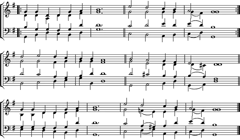 \new ChoirStaff <<
\new Staff { \clef treble \time 6/4 \key g \major \set Staff.midiInstrument = "church organ" \omit Staff.TimeSignature \set Score.tempoHideNote = ##t \override Score.BarNumber #'transparent = ##t
\relative c''
<< { \bar".|:" g4 g d d g a | b1. \bar"||" e2 d c4 b | a2 g1 \bar":|." \break
d'2 e d4 c | b b a1 \bar"||" b2 a g4 fis | e2 d1 \bar"||" \break
g4 g d d g a | b1. | e2 d c4 b a2 g1 \bar"|." } \\
{ d4 d a d d fis | g1. | g2 g g4 g | g( fis) g1
g2 g fis4 g | g g fis1 | g2 e d4 d | d( cis) d1
b4 b d d d fis | g1. | g2 f4( e) e g | g( fis) g1 } >>
}
\new Staff { \clef bass \key g \major \set Staff.midiInstrument = "church organ" \omit Staff.TimeSignature
\relative c'
<< { b4 g g fis g d' | d1. | c2 d e4 d | e( d) b1
d2 c a4 g | b d d1 | d2 cis b4 a | b( a) fis1
g4 g fis fis g d' | d1. | c2 a4( gis) a d | e( d) b1 } \\
{ g,4 b d c b d | g1. | c,2 b a4 b | c( d) g,1
b2 c d4 e | g b, d1 | g,2 a b4 d| g,( a) d1
e4 e d c b d | g,1. | c2 d4( e) a, b | c( d) g,1 } >>
}
>>
\layout { indent = #0 }
\midi { \tempo 4 = 100 }
