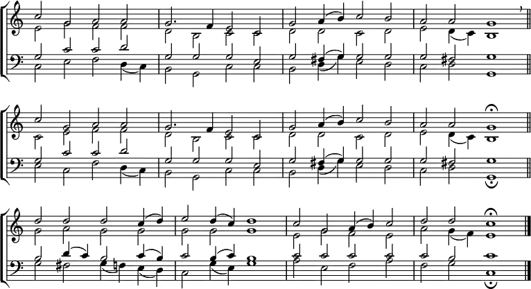 \new ChoirStaff <<
\new Staff { \clef treble \time 4/2 \key c \major \set Staff.midiInstrument = "church organ" \omit Staff.TimeSignature \set Score.tempoHideNote = ##t \override Score.BarNumber #'transparent = ##t
\relative c''
<< { c2 g a a | g2. f4 e2 c | g' a4( b) c2 b | a a g1 \breathe \bar"||" \break
c2 g a a | g2. f4 e2 c | g' a4( b) c2 b | a a g1 \fermata \bar"||" \break
d'2 d d c4( d) | e2 d4( c) d1 | c2 g a4( b) c2 | d d c1 \fermata \bar"|." } \\
{ e,2 g f f | d b c c | d d c d | e d4( c) b1
c2 e f f | d b c c | d d c d | e d4( c) b1
g'2 a g g | g g g1 | e2 g f e | a g4( f) e1 } >>
}
\new Staff { \clef bass \key c \major \set Staff.midiInstrument = "church organ" \omit Staff.TimeSignature
\relative c'
<< { g2 c c d | g, g g e | g fis4( g) g2 g | g fis g1
g2 c c d | g, g g e | g fis4( g) g2 g | g fis g1
b2 d4( c) b2 c4( b) | c2 b4( c) b1 | c2 c c c | c b c1 } \\
{ c,2 e f d4( c) | b2 g c c | b d4( g) e2 d | c d g,1
e'2 c f d4( c) | b2 g c c | b d4( g) e2 d | c d g,1 \fermata
g'2 fis g4( f) e( d) | c2 g'4( e) g1 | a2 e f a | f g c,1 \fermata} >>
}
>>
\layout { indent = #0 }
\midi { \tempo 2 = 66 }