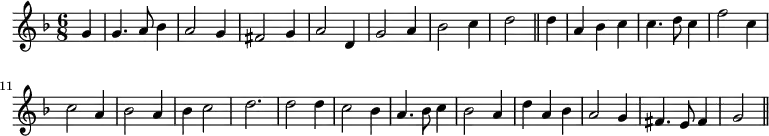 \header {
tagline = "" %% removes "Music engraving by LilyPond 2.18.2—www.lilypond.org" footer, which unsurprisingly was not in the 1651 ed.
}
\new Staff { \time 6/8 \key f \major \clef treble \partial 4
\relative c'' {
g4 \bar "|" g4. a8 bes4 a2 g4 fis2 g4 a2 d,4 g2 a4 bes2 c4 d2 \bar "||"
d4 \bar "|" a4 bes4 c4 c4. d8 c4 f2 | c4 c2 a4 bes2 a4 bes4 c2 d2. d2
d4 c2 bes4 a4. bes8 c4 bes2 a4 d4 a4 bes4 a2 g4 fis4. e8 fis4 g2 \bar "||"
}
}
\midi { \tempo 2 = 120 \set Staff.midiInstrument = "pan flute" }
%%please feel free to change instrument to something else, see https://lilypond.org/doc/v2.21/Documentation/notation/midi-instruments
\layout { }