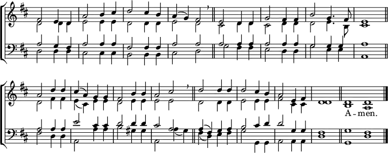 \new ChoirStaff <<
\new Staff { \clef treble \time 2/2 \key d \major \set Staff.midiInstrument = "church organ" \omit Staff.TimeSignature \set Score.tempoHideNote = ##t \override Score.BarNumber #'transparent = ##t
\relative c'
<< { fis2 e4 d | a'2 b4 cis | d2 cis4 b | a( g) fis2 \bar"||" \breathe e d4 d | g2 fis4 fis | b2 g4. fis8 | e1 \bar"||" \break
a2 d4 d | cis( a) g g | fis2 b4 b | a2 cis \bar"||" \breathe d d4 d | d2 cis4 b | a2 e4 fis | d1 \bar"||" \time 4/2 d d \bar"|."} \\
{ d2 d4 d | e2 e4 e | d2 d4 d | e2 d | cis d4 d | cis2 d4 d | d2 e4. b8 | cis1
d2 fis4 fis | e( cis) e e | d2 e4 e | e2 e | d d4 d | e2 e4 e | fis2 cis4 cis | d1 | b a } >>
}
\addlyrics {_ _ _ _ _ _ _ _ _ _ _ _ _ _ _ _ _ _ _ _ _ _
_ _ _ _ _ _ _ _ _ _ _ _ _ _ _ _ _ _ _ _ _ _ A -- men.}
\new Staff { \clef bass \key d \major \set Staff.midiInstrument = "church organ" \omit Staff.TimeSignature
\relative c'
<< { a2 g4 fis | a2 a4 a | fis2 fis4 fis | a2 a | a a4 a | a2 a4 a | g2 g4 g | a1
a2 a4 a | e'2 cis4 cis | d2 d4 d | cis2 a | a4( fis) g a | b2 cis4 d | d2 g,4 g | fis1 | g fis } \\
{ d2 d4 d | cis2 cis4 cis | b2 b4 b | cis2 d | g fis4 fis | e2 d4 d | g2 e4 e | a,1
fis'2 d4 d | a2 a'4 a | b2 gis4 gis | a,2 a'4( g) | fis( d) e fis | g2 g,4 g | a2 a4 a | d1 | g, d' } >>
}
>>
\layout { indent = #0 }
\midi { \tempo 2 = 76 }