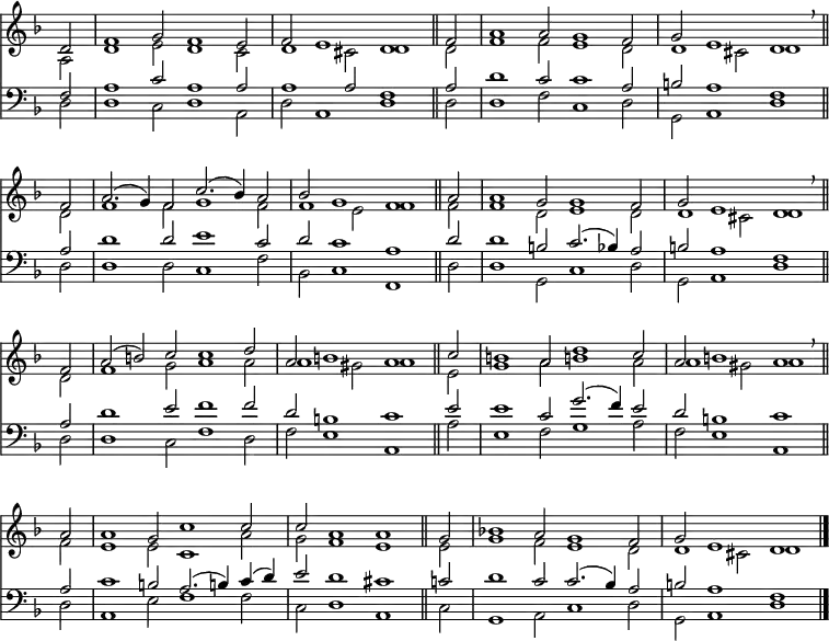 << <<
\new Staff { \clef treble \time 6/2 \key d \minor \partial 2 \set Staff.midiInstrument = "church organ" \omit Staff.TimeSignature \set Score.tempoHideNote = ##t \override Score.BarNumber #'transparent = ##t
\relative c'
<< { d2 | f1 g2 f1 e2 | f e1 d \bar"||"
f2 | a1 2 g1 f2 | g e1 d \breathe \bar"||" \break
f2 | a2.( g4) f2 c'2.( bes4) a2 | bes g1 f \bar"||"
a2 | a1 g2 1 f2 | g e1 d \breathe \bar"||" \break
f2 | a2( b2) c c1 d2 | a b1 a \bar"||"
c2 | b1 a2 d1 c2 | a b1 a \breathe \bar"||" \break
a2 | 1 g2 c1 2 | 2 a1 a \bar"||"
g2 | bes!1 a2 g1 f2 | g e1 d \bar"|." } \\
{ a2 | d1 e2 d1 c2 | d1 cis2 d1 2 | f1 2 e1 d2 | 1 cis2 d1
d2 | f1 2 g1 f2 | 1 e2 f1 2 | 1 d2 e1 d2 | 1 cis2 d1
d2 | f1 g2 a1 2 | 1 gis2 a1 e2 | g1 a2 b!1 a2 | 1 gis2 a1
f2 | e1 2 c1 a'2 | g f1 e e2 | g1 f2 e1 d2 | 1 cis2 d1 } >>
}
\new Staff { \clef bass \key d \minor \set Staff.midiInstrument = "church organ" \omit Staff.TimeSignature
\relative c
<< { f2 | a1 c2 a1 2 | 1 2 f1 a2 | d1 c2 1 a2 | b a1 f
a2 | d1 2 e1 c2 | d c1 a d2 | 1 b2 c2.( bes4) a2 | b a1 f
a2 | d1 e2 f1 2 | d b1 c e2 | 1 c2 g'2.( f4) e2 | d b1 c
a2 | c1 b2 a2.( b!4) c( d) | e2 d1 cis c2 | d1 c2 2.( bes4) a2 | b a1 f } \\
{ d2 | 1 c2 d1 a2 | d a1 d d2 | 1 f2 c1 d2 | g, a1 d
d2 | 1 2 c1 f2 | bes, c1 f, d'2 | 1 g,2 c1 d2 | g, a1 d
d2 | 1 c2 f1 d2 | f e1 a, a'2 | e1 f2 g1 a2 | f e1 a,
d2 | a1 e'2 f1 2 | c d1 a c2 | g1 a2 c1 d2 | g, a1 d } >>
}
>> >>
\layout { indent = #0 }
\midi { \tempo 2 = 60 }