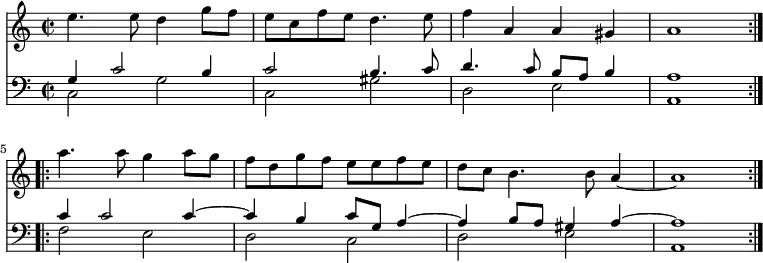 { << \new Staff \relative e'' { \time 2/2
\repeat volta 2 {
e4. e8 d4 g8 f | e c f e d4. e8 | f4 a, a gis | a1 } \break
\repeat volta 2 {
a'4. a8 g4 a8 g | f d g f e e f e | d c b4. b8 a4 ~ | a1 } }
\new Staff << \clef bass
\new Voice \relative g { \stemUp
g4 c2 b4 | c2 b4. c8 | d4. c8 b a b4 | a1 | %end line 1
c4 c2 c4 ^~ | c b c8 g a4 ^~ | a b8 a gis4 a ^~ | a1 }
\new Voice \relative c { \stemDown
c2 g' | c, gis' | d e | a,1 | %end line 1
f'2 e | d c | d e | a,1 } >> >> }