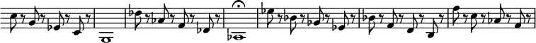 { \relative c'' { \override Score.TimeSignature #'stencil = ##f \override Score.Clef #'stencil = ##f
c8 r g r ees r c r | g1 | des''8 r aes r f r des r | aes1\fermata
ees''8 r bes r ges r ees r | bes' r f r d r b r | f'' r c r aes r f r | } }