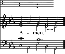 << <<
\new VaticanaVoice { \set Staff.midiInstrument = "voice oohs"
<< { b1 a } \\ { g1 e } >> }
\new ChoirStaff { \clef treble \time 5/2 \key es \major \set Staff.midiInstrument = "church organ" \omit Staff.TimeSignature
\relative c'' {
<< { g2 aes g f g \bar"||" } \\ { es1 es2 d( d) } >> }
}
\new Lyrics \lyricmode {
A1 -- men.1.
}
\new Staff { \clef bass \key es \major \set Staff.midiInstrument = "church organ" \omit Staff.TimeSignature
\relative c' {
<< { c1 bes1. } \\ { c,2 aes es' bes g } >> }
}
>> >>
\layout { indent = #0 }
\midi { \tempo 2 = 69 }