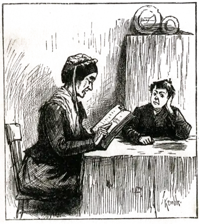 woman and boy sitting at table, woman reading