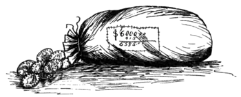 bag of gold coins labeled $6000.00