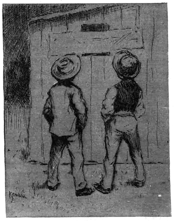 two boys looking at boarded-up window above shed door