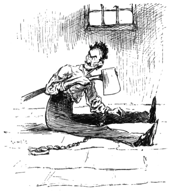 man sitting on floor, holding axe over his chained leg