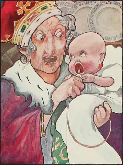 The Duchess, wearing a jewelled crown and a red robe trimmed with ermine, cradles the baby in her left hand while offering it the pacifier in her right.