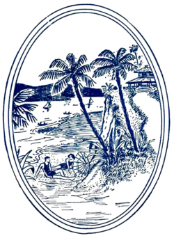 Blue line drawing in an oval frame of palm trees and a beach.