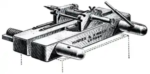 Cross-hatched drawing of a heavy, flat, clamp-like device.