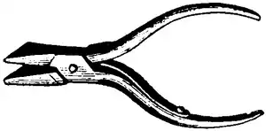 Cross-hatched illustration of a small pair of pliers called "band nippers."