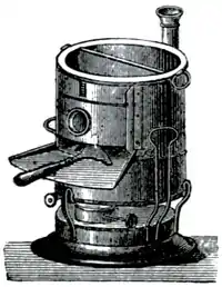 Cross-hatched illustration of a barrel-like stove.