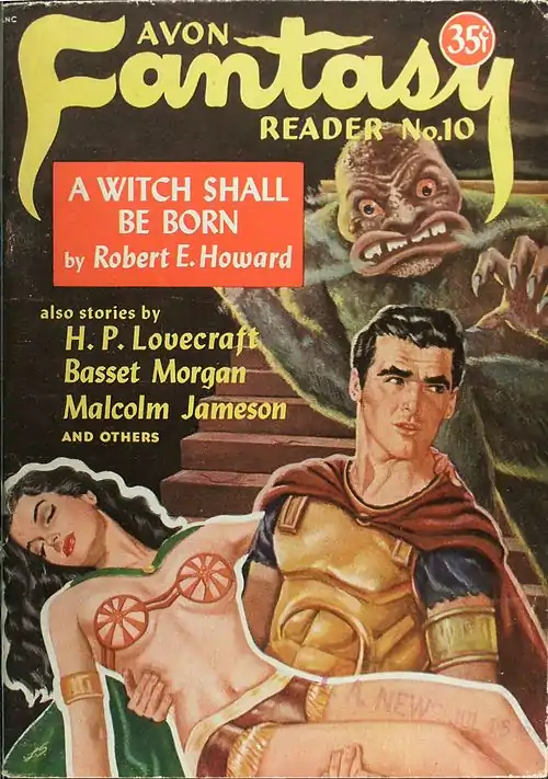 Avon Fantasy Reader No. 10 cover: Conan, a clean shaven, short-haired man in classical armour, holds a recumbent scantily-clad, black-haired woman; behind them a furry monster with vaporous breath descends a staircase towards them.