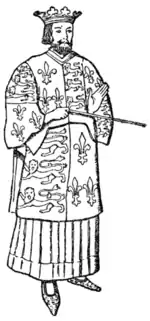 Fig. 15.—William Bruges, the first Garter King of Arms, appointed 5th January 1420. (From an illuminated MS. in the Museum at Oxford.)