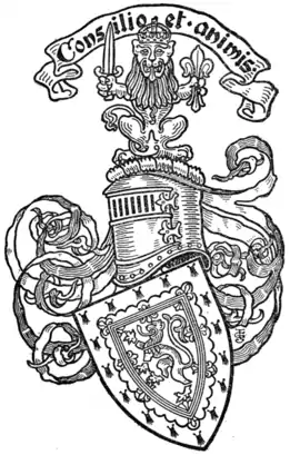 Fig. 294.—Armorial bearings of Alexander Charles Richards Maitland, Esq.: Or, a lion rampant gules, couped in all his joints of the field, within a double tressure flory and counterflory azure, a bordure engrailed ermine. Mantling gules and or. Crest: upon a wreath of his liveries, a lion sejant erect and affronté gules, holding in his dexter paw a sword proper, hilted and pommelled gold, and in his sinister a fleur-de-lis argent. Motto: "Consilio et animis."