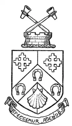 Fig. 554.—Arms of Hammersmith: Party per pale azure and gules, on a chevron between two cross crosslets in chief and an escallop in base argent, three horseshoes of the first. Crest: on a wreath of the colours, upon the battlements of a tower, two hammers in saltire all proper. Motto: "Spectemur agendo."